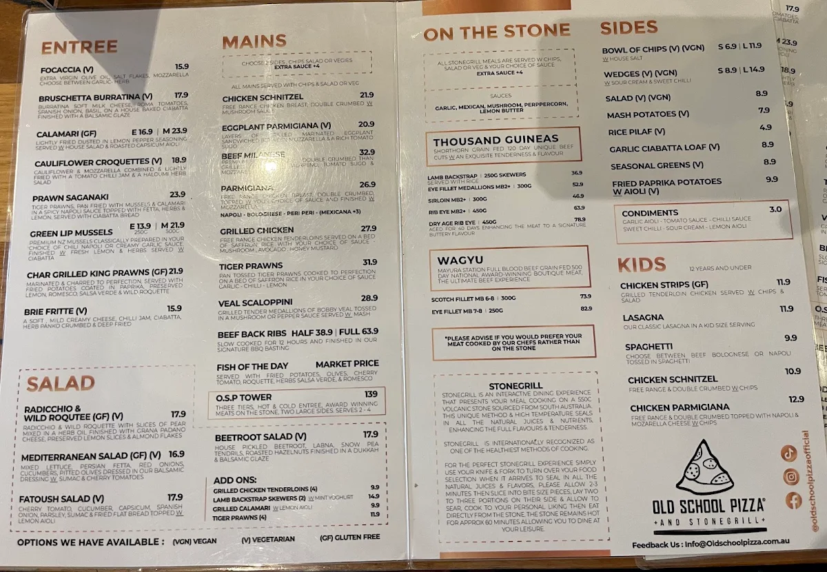Menu, Old School Pizza & Stonegrill