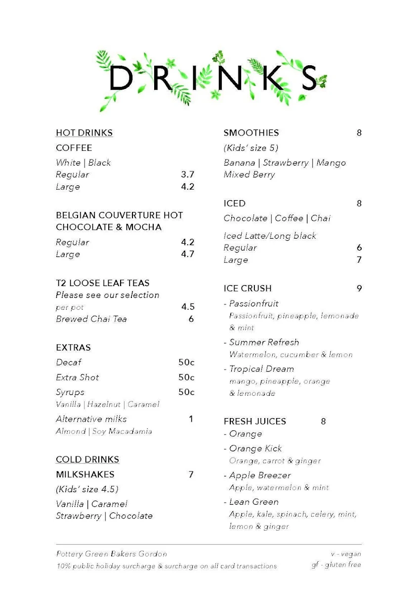 Menu, Pottery Green Bakers Gordon