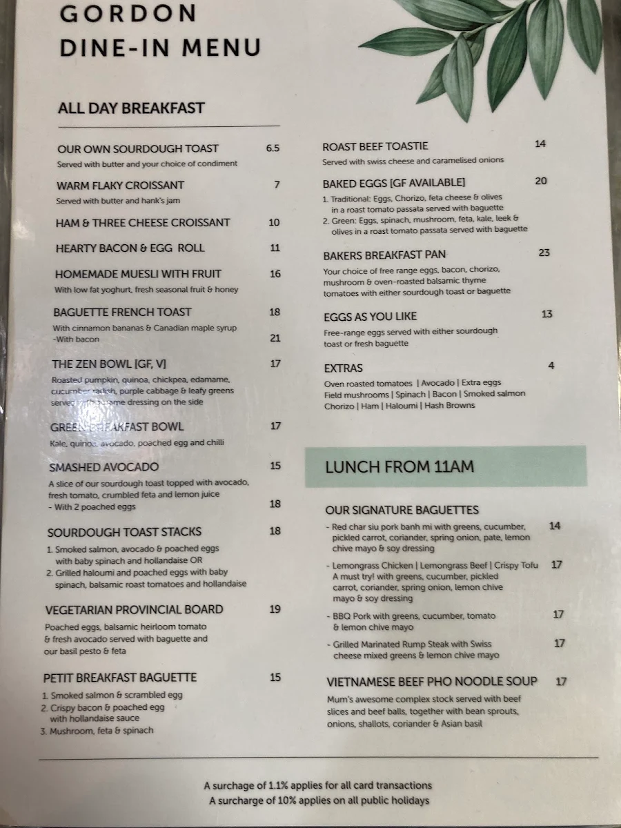 Menu, Pottery Green Bakers Gordon