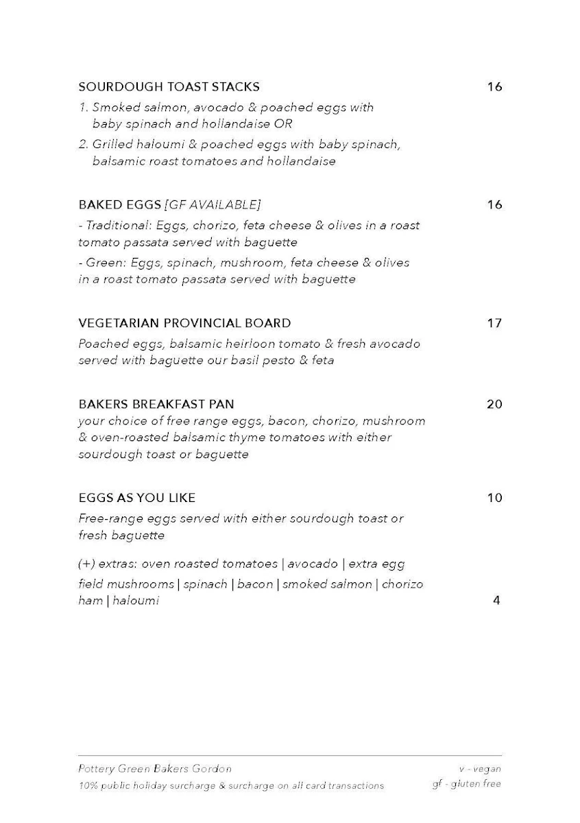 Menu, Pottery Green Bakers Gordon