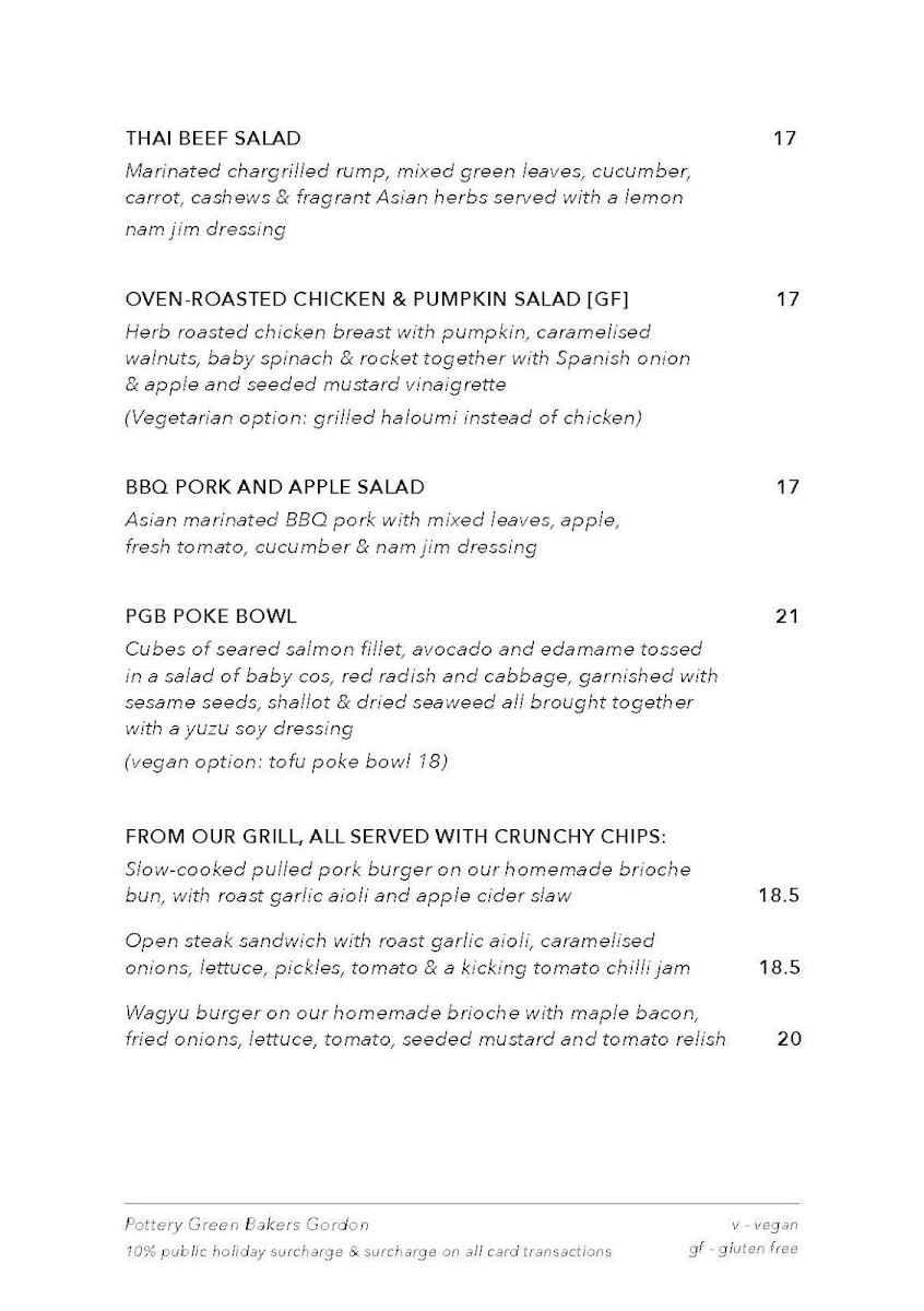 Menu, Pottery Green Bakers Gordon