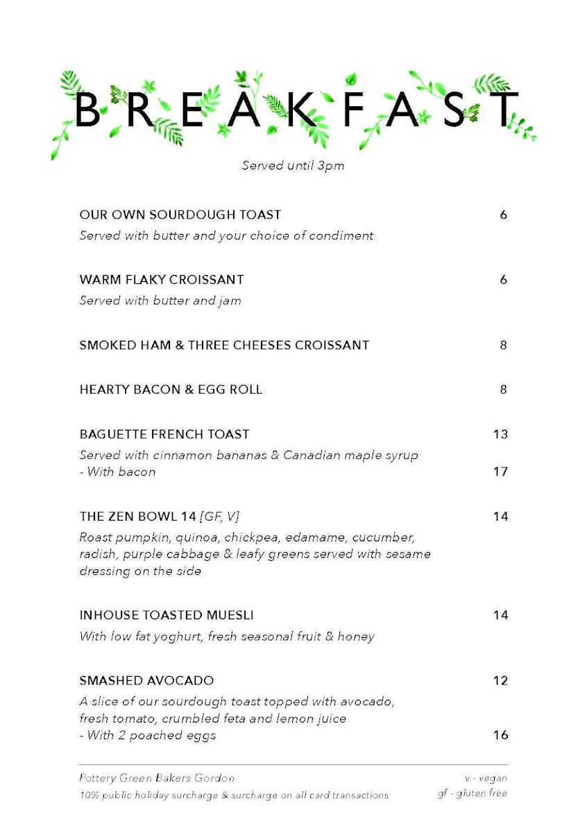 Menu, Pottery Green Bakers Gordon