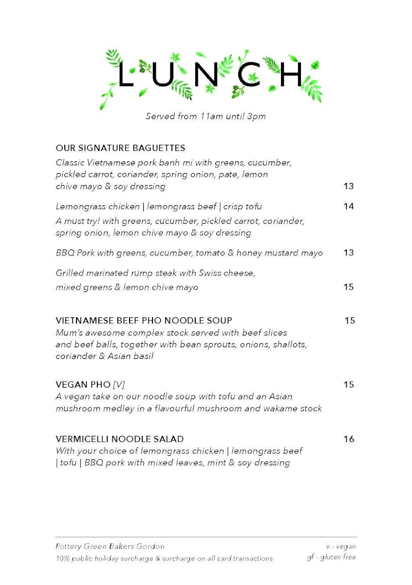 Menu, Pottery Green Bakers Gordon