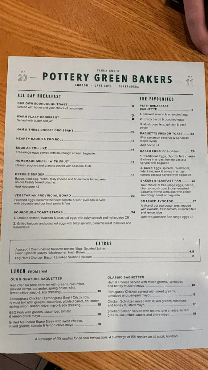Menu, Pottery Green Bakers Gordon
