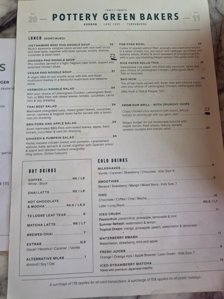 Menu, Pottery Green Bakers Gordon