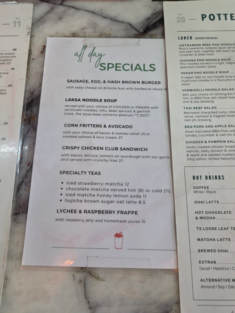 Menu, Pottery Green Bakers Gordon