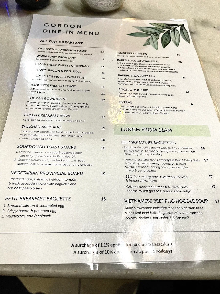 Menu, Pottery Green Bakers Gordon