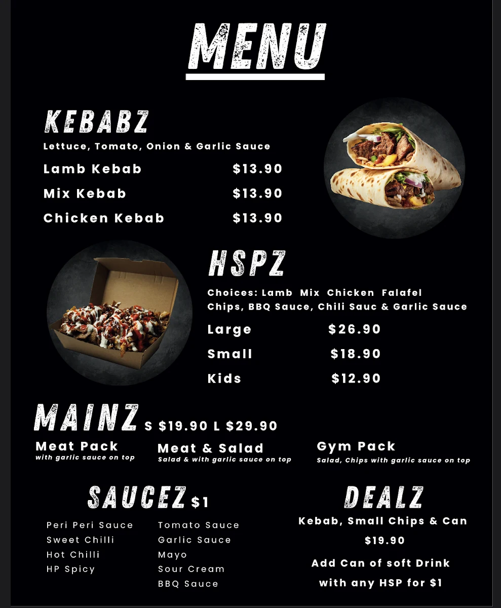 Menu, HP KEBABZ - Dandenong