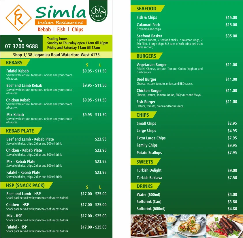 Menu, Simla Indian Restaurant
