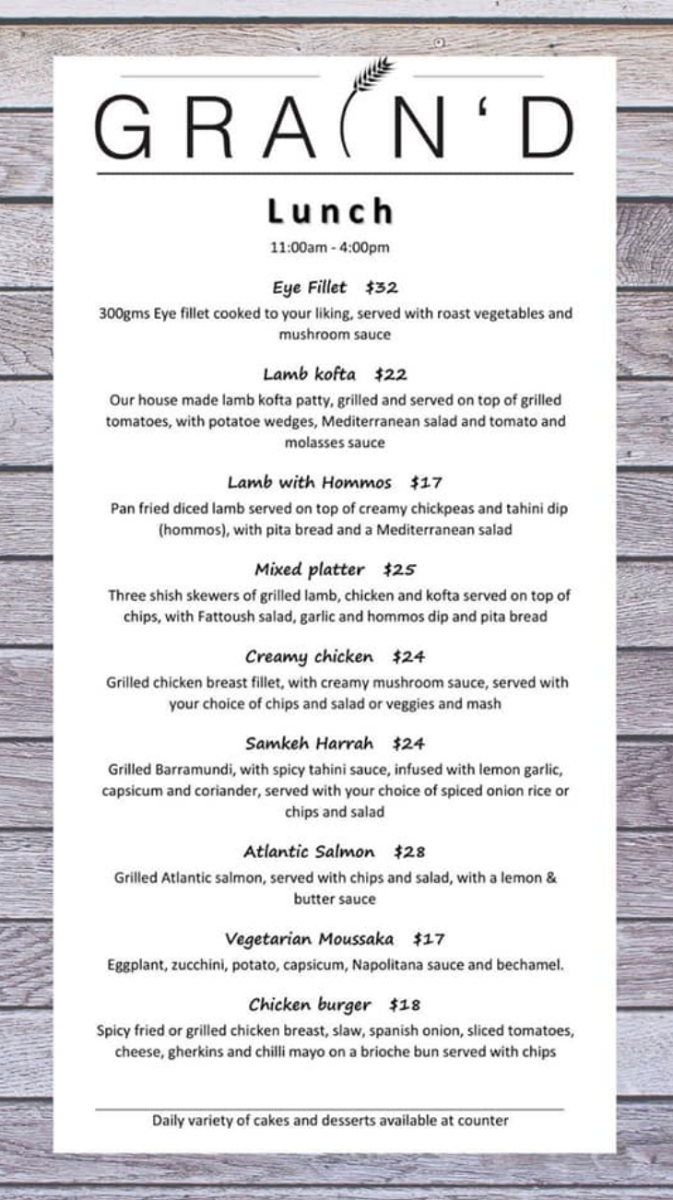 Menu, Grain'd Cafe