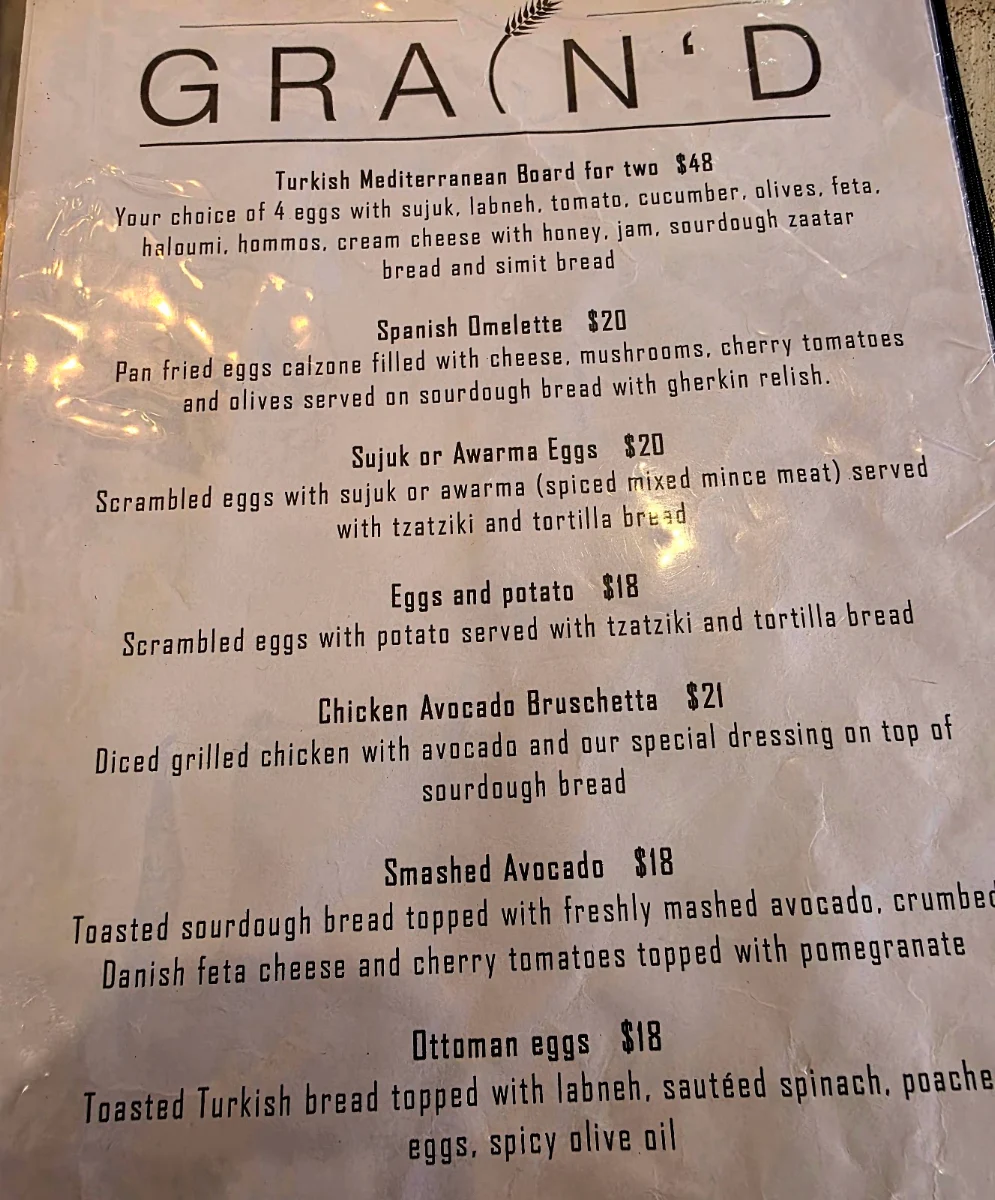 Menu, Grain'd Cafe