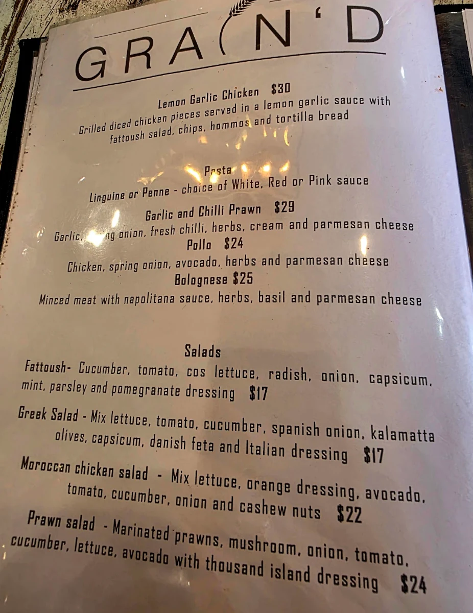 Menu, Grain'd Cafe