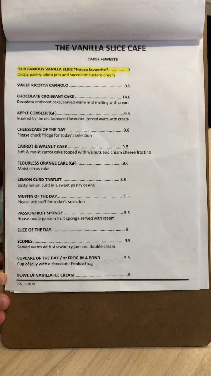 Menu, The Vanilla Slice Cafe