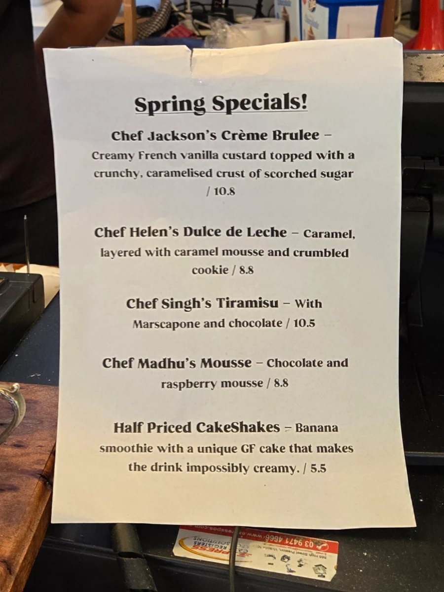 Menu, The Vanilla Slice Cafe