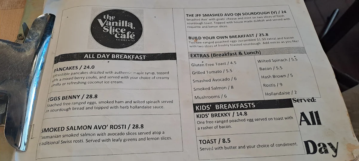 Menu, The Vanilla Slice Cafe