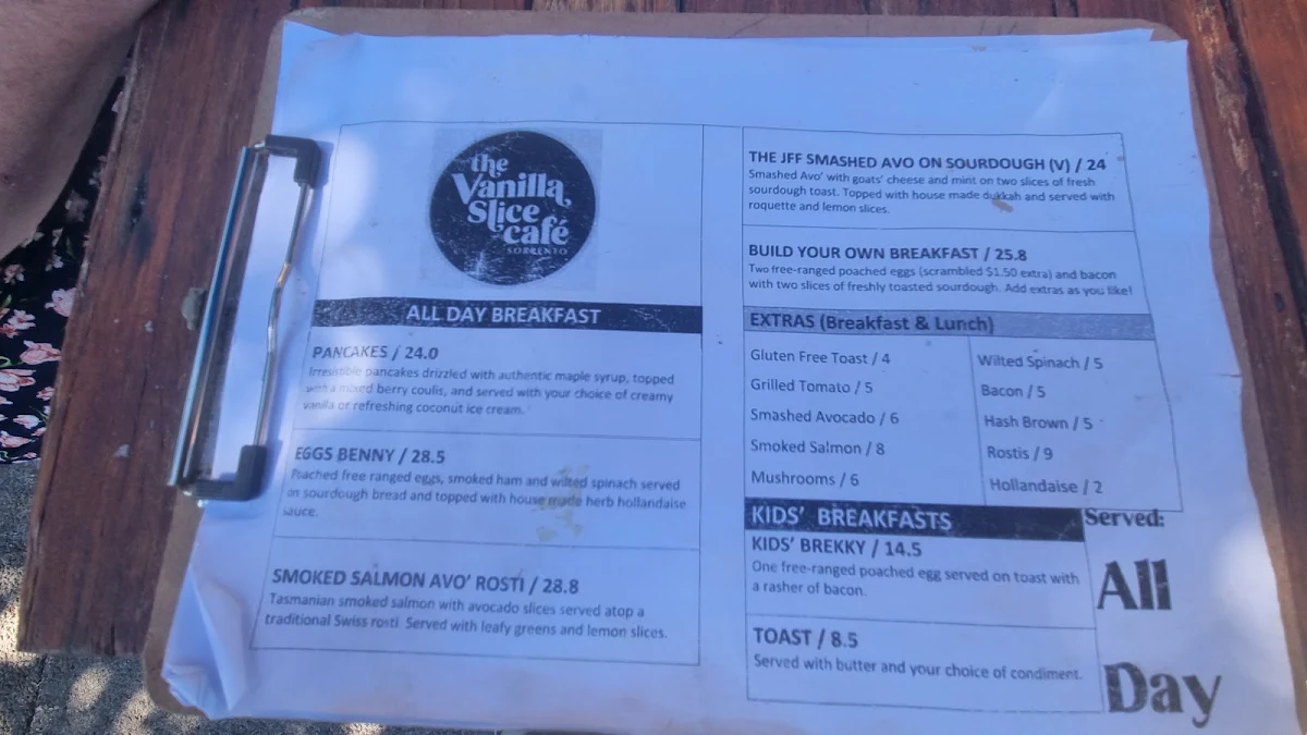 Menu, The Vanilla Slice Cafe