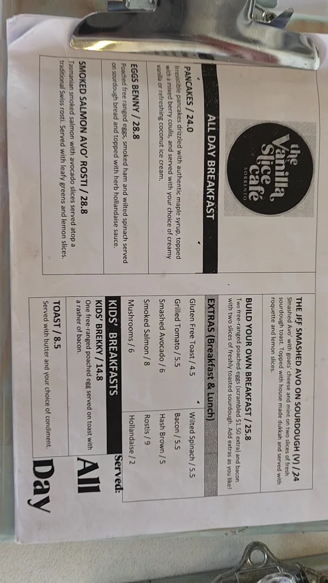 Menu, The Vanilla Slice Cafe