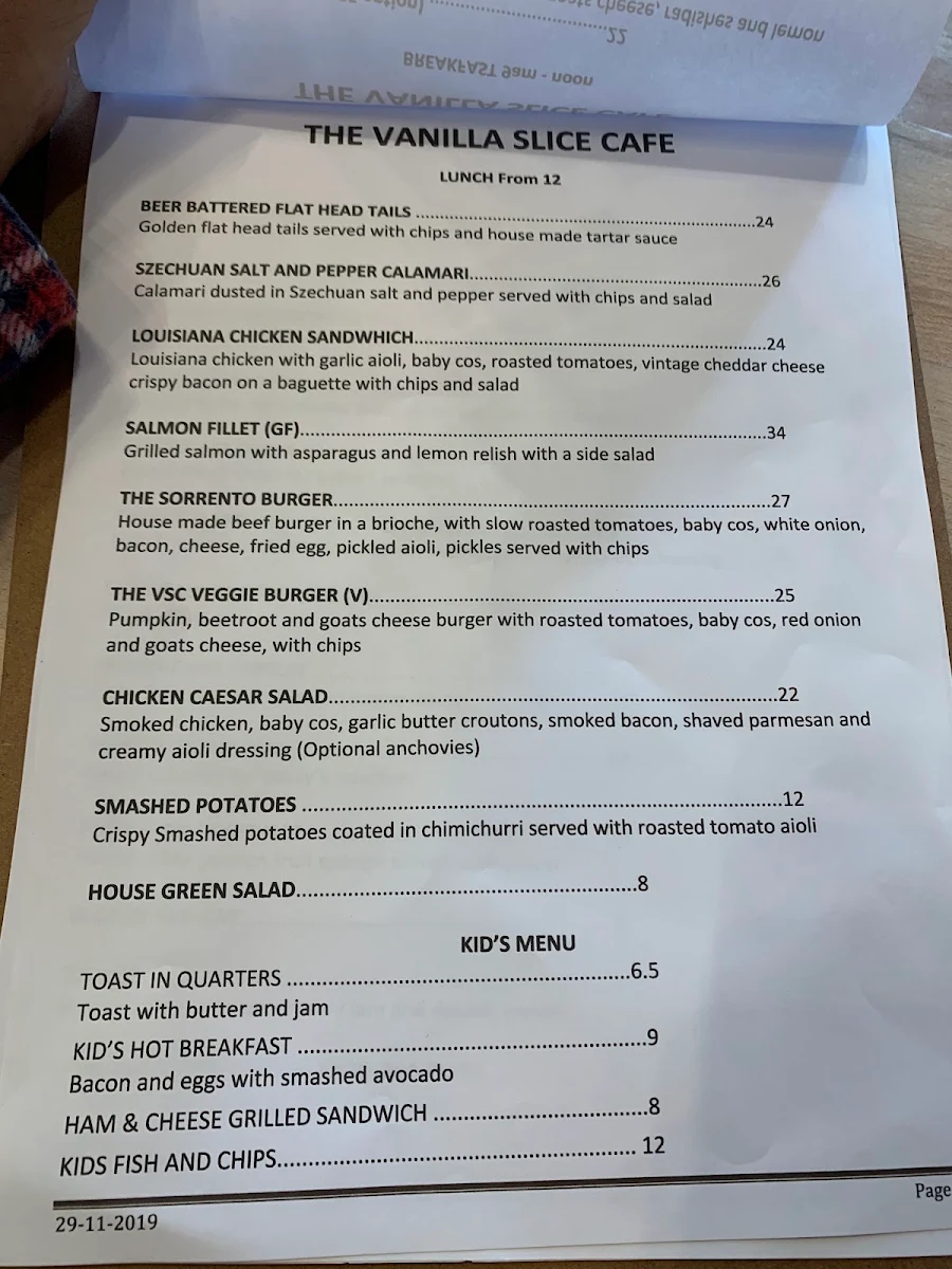 Menu, The Vanilla Slice Cafe