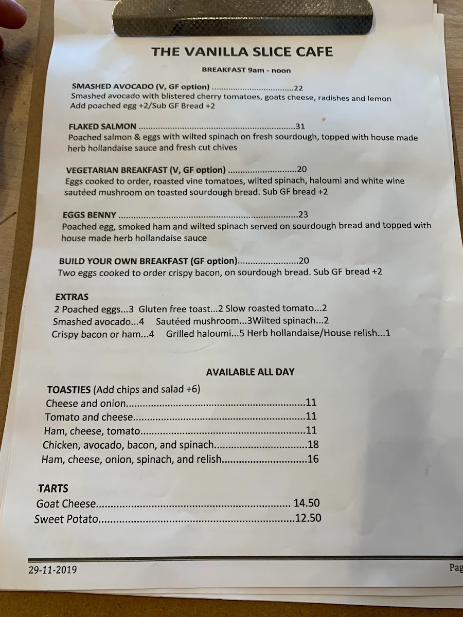 Menu, The Vanilla Slice Cafe