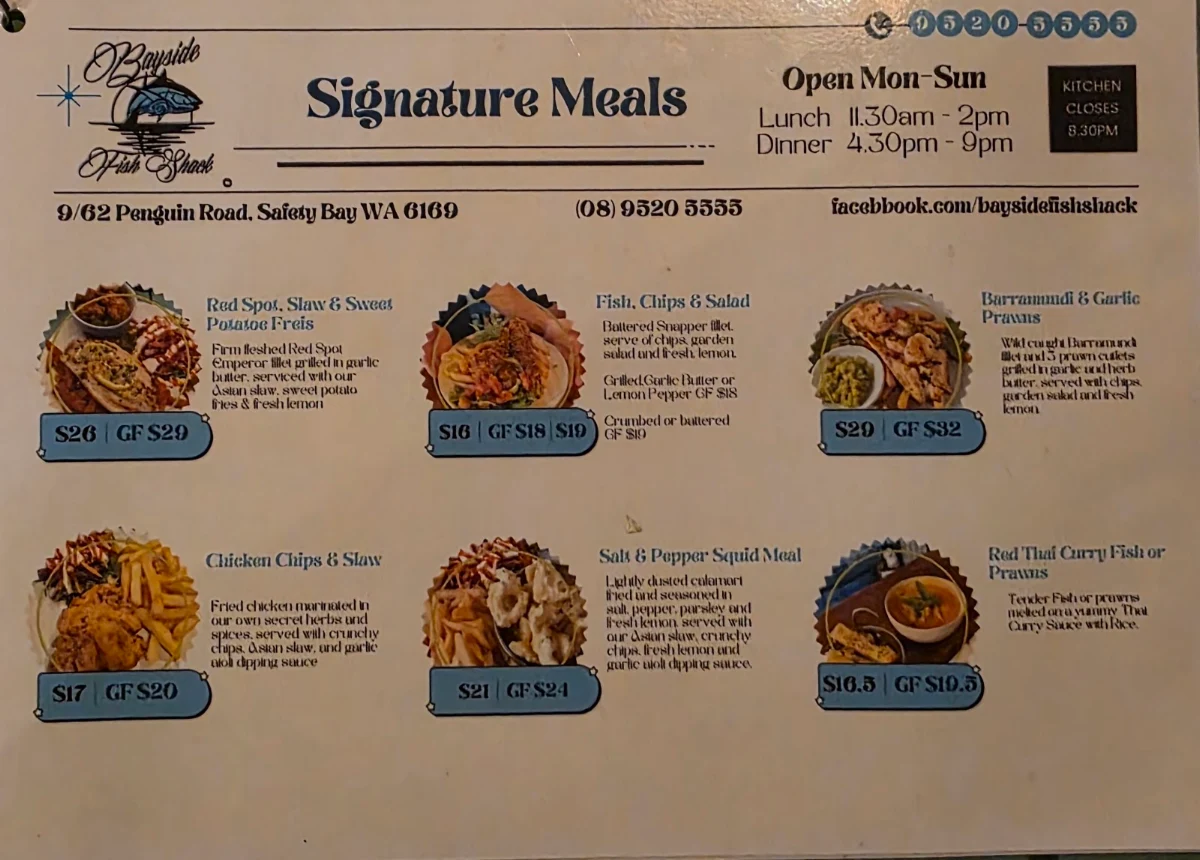 Menu, Bayside Fish Shack