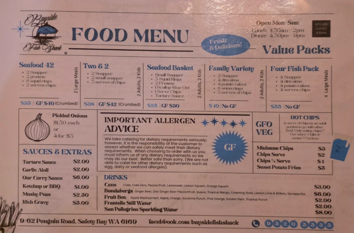 Menu, Bayside Fish Shack