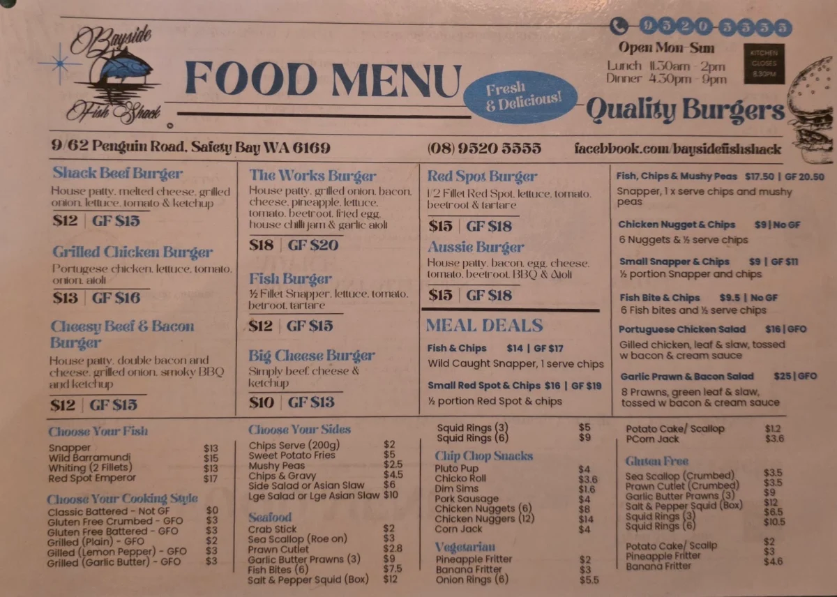 Menu, Bayside Fish Shack