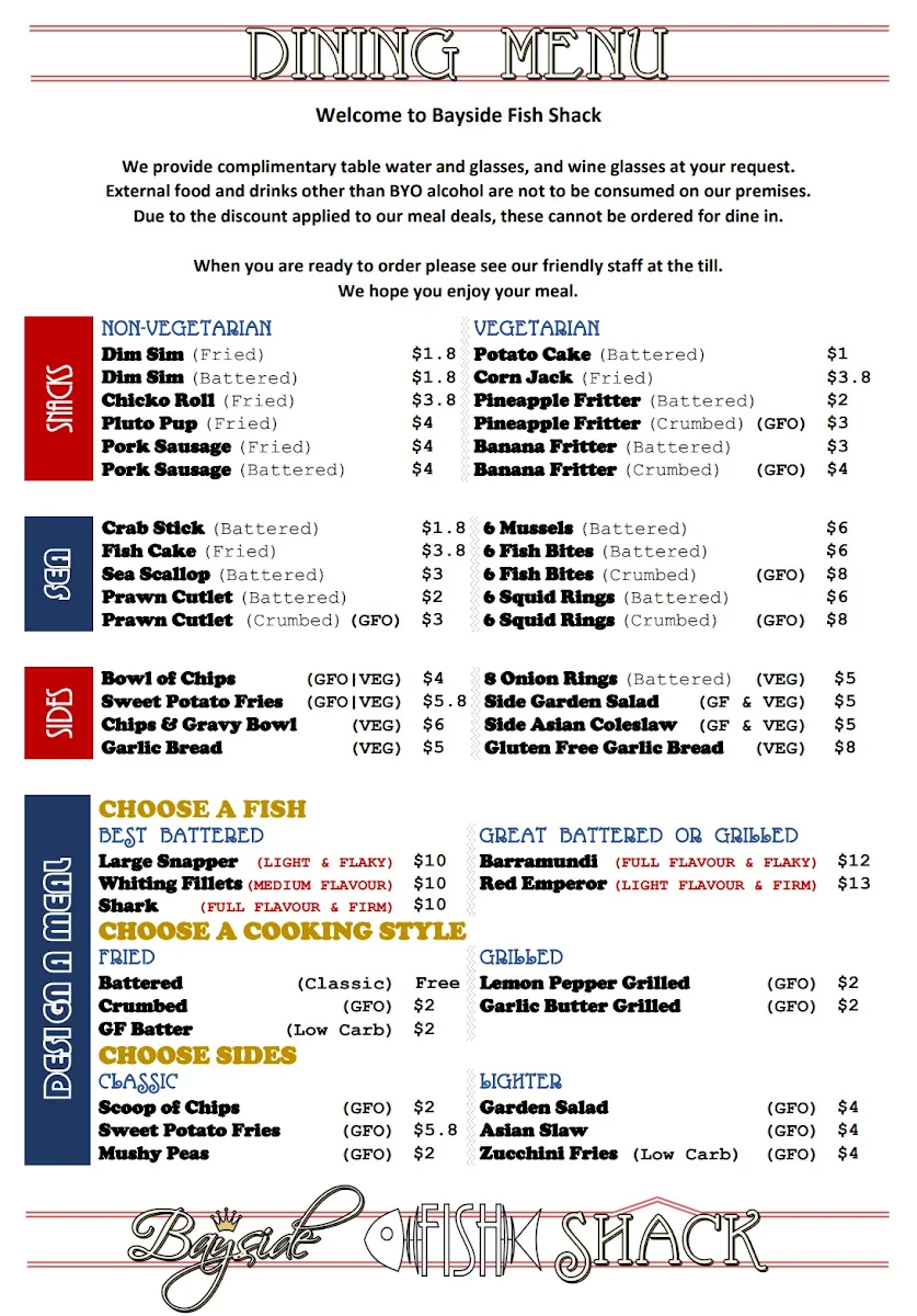 Menu, Bayside Fish Shack