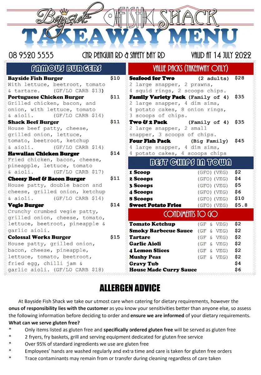 Menu, Bayside Fish Shack