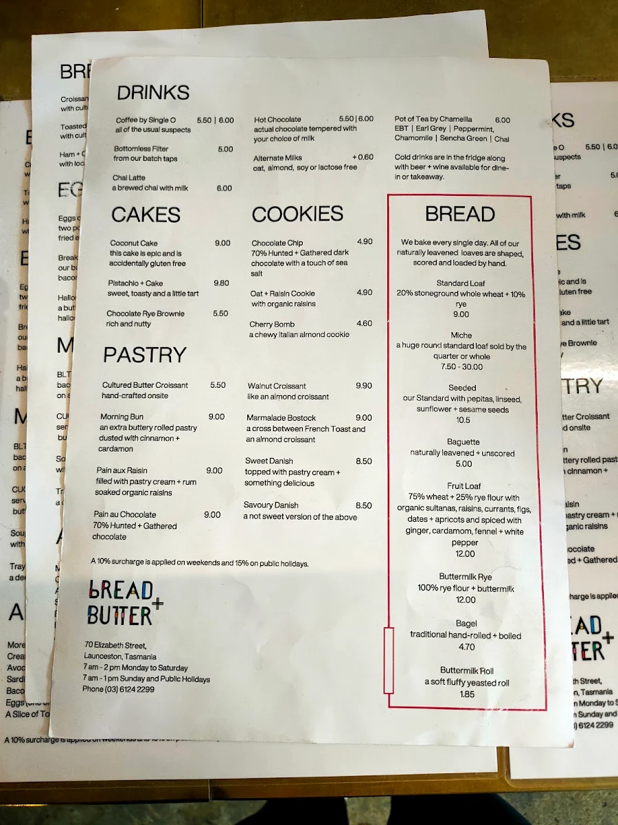 Menu, Bread + Butter | Cafe