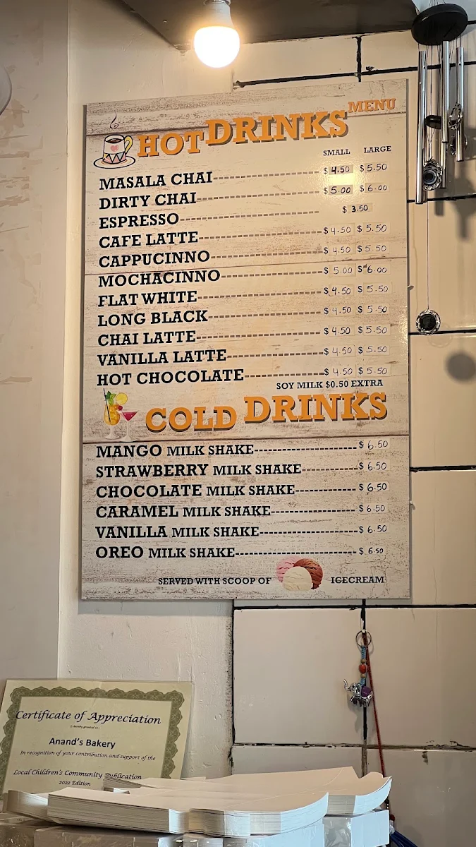 Menu, Anand's Bakery & Cafe