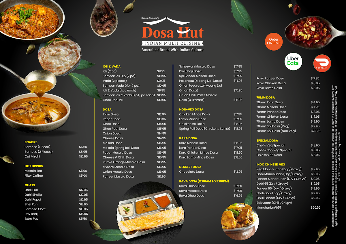 Menu, Dosa Hut Indian Restaurant Tallawong