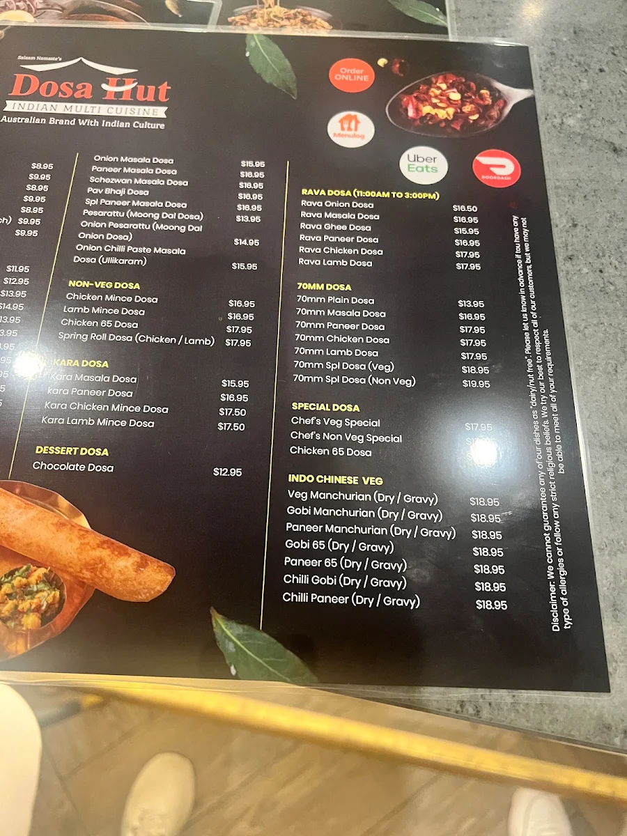 Menu, Dosa Hut Indian Restaurant Tallawong