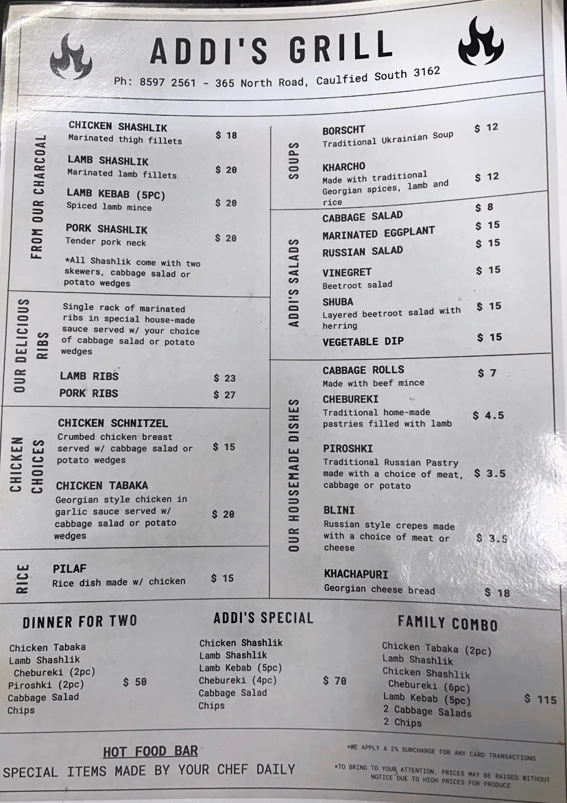 Menu, Addi's Grill