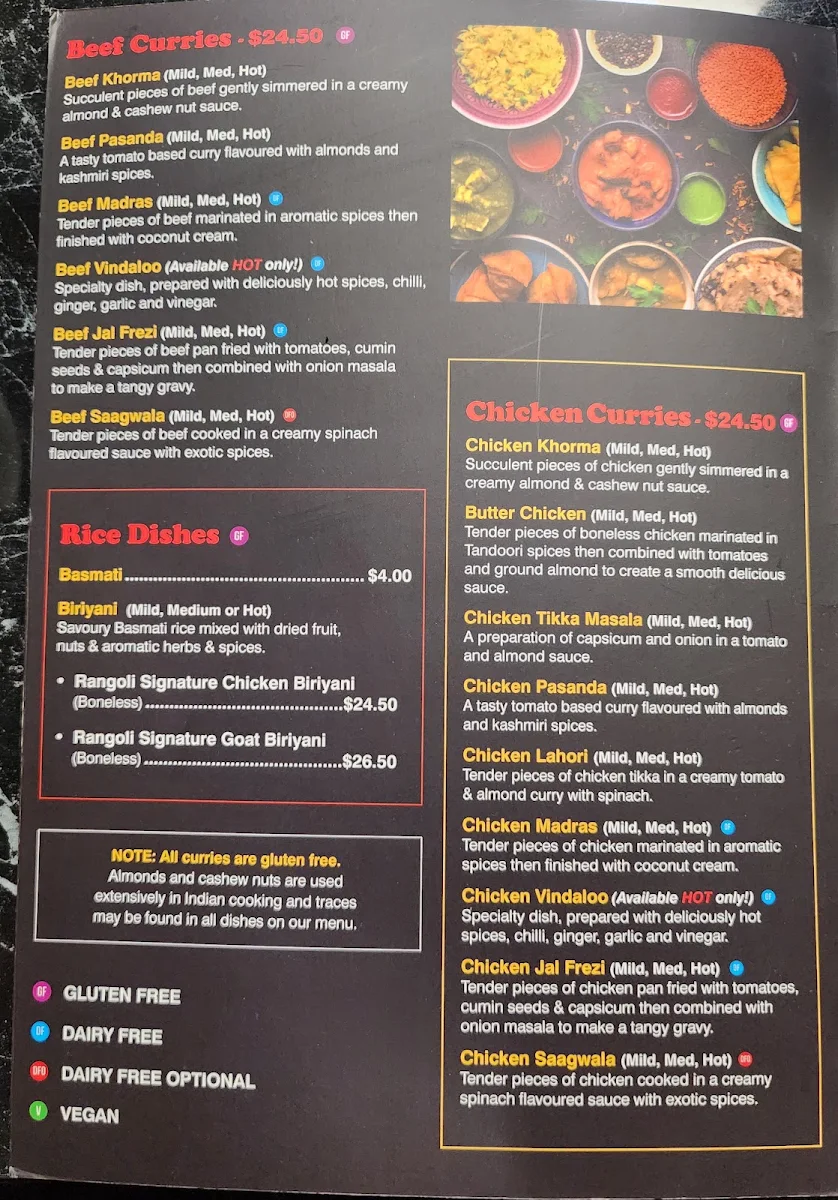 Menu, Rangoli Indian Restaurant
