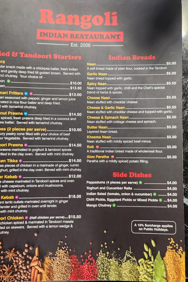 Menu, Rangoli Indian Restaurant