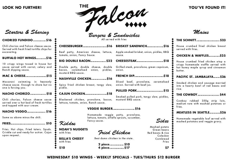 Menu, The Falcon Restaurant