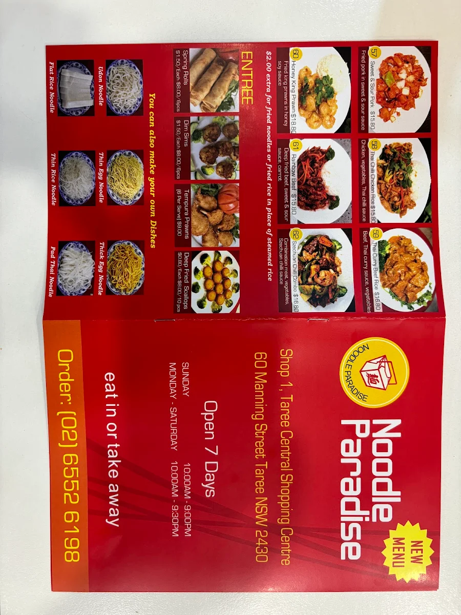Menu, Noodle Paradise Taree Store