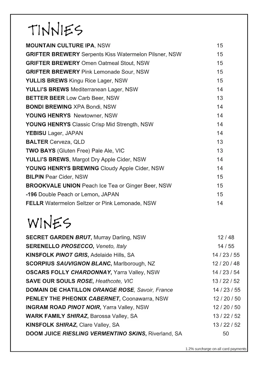 Menu, Bar Luca