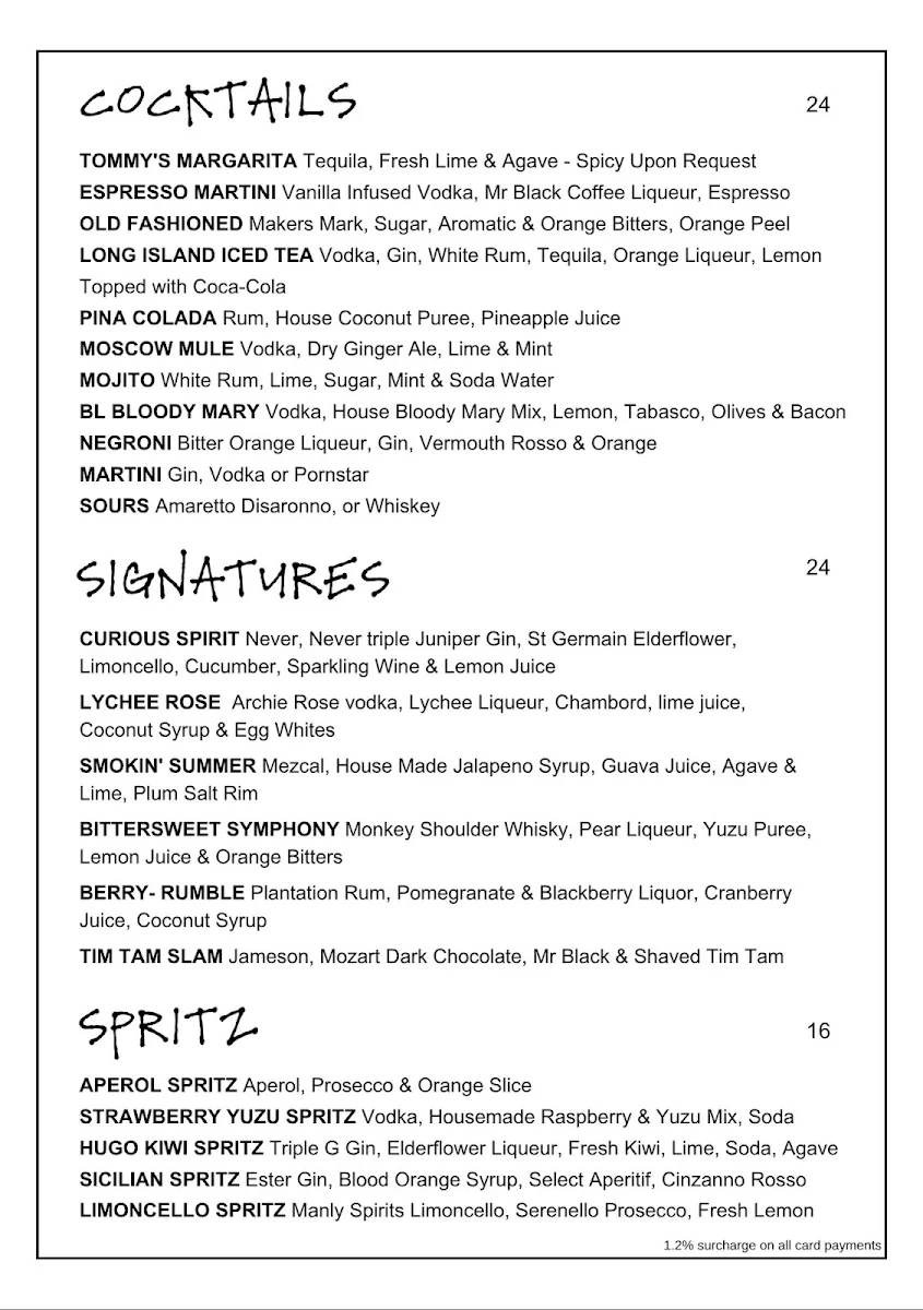 Menu, Bar Luca