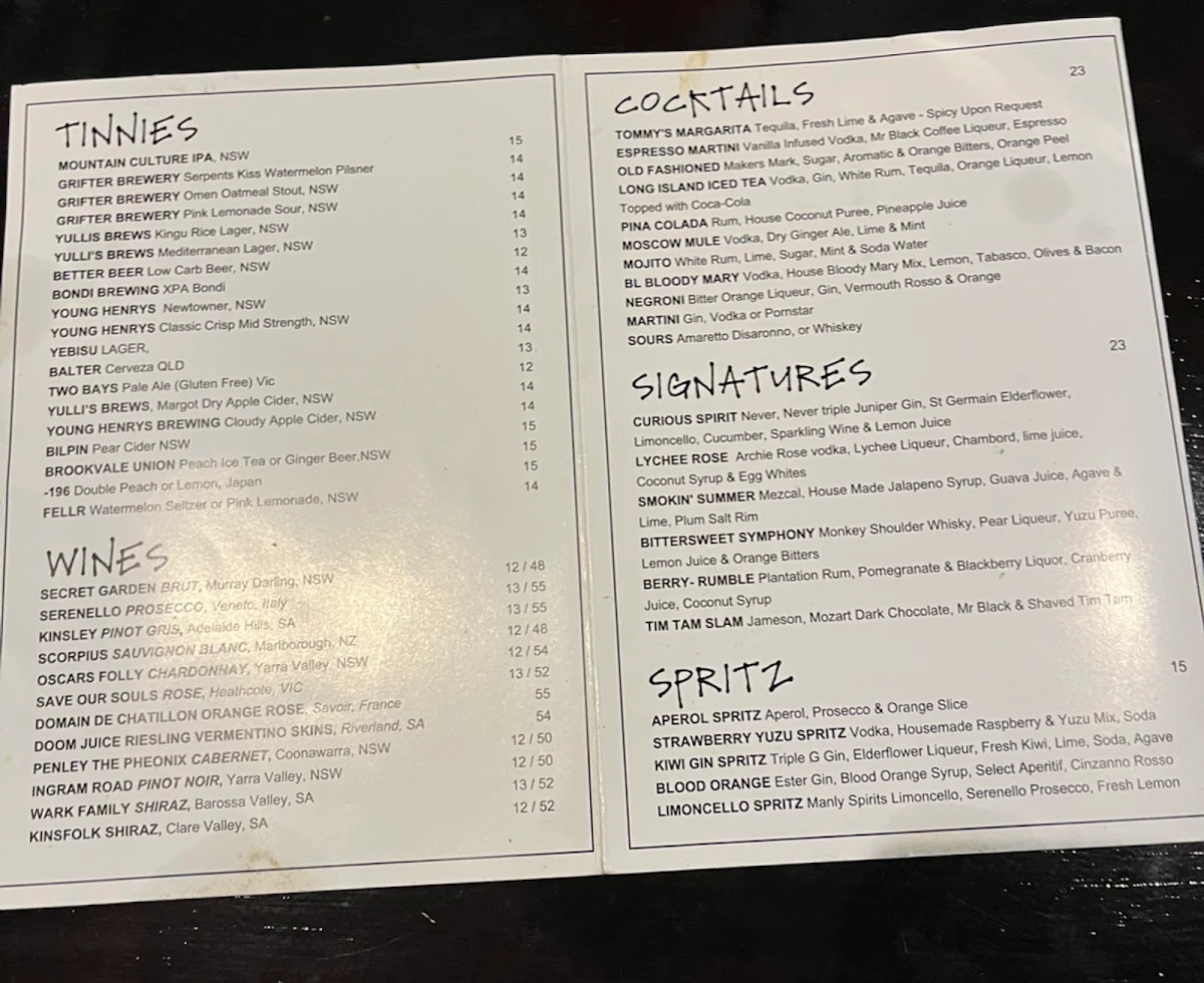 Menu, Bar Luca