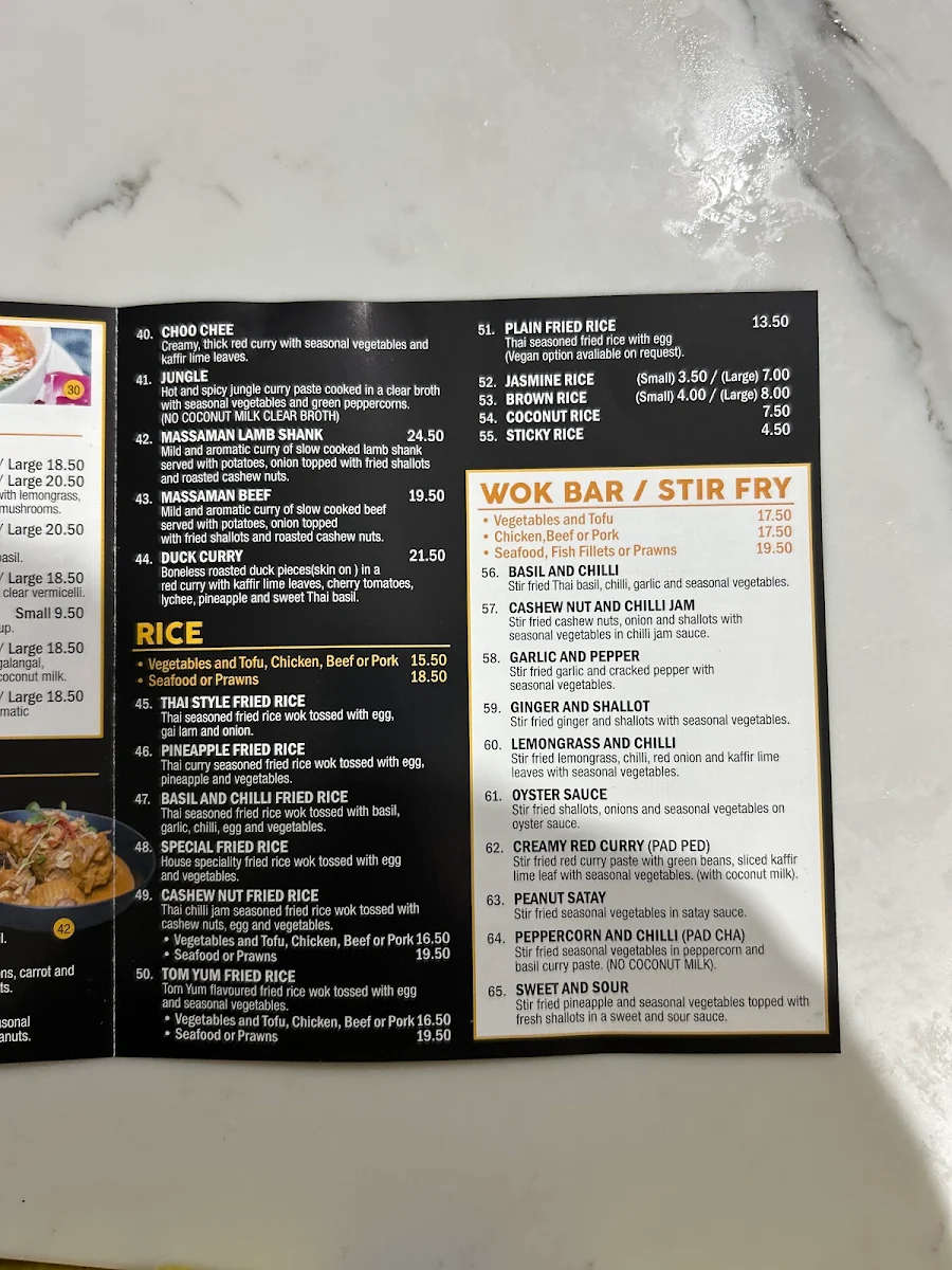 Menu, Willow Thai Restaurant
