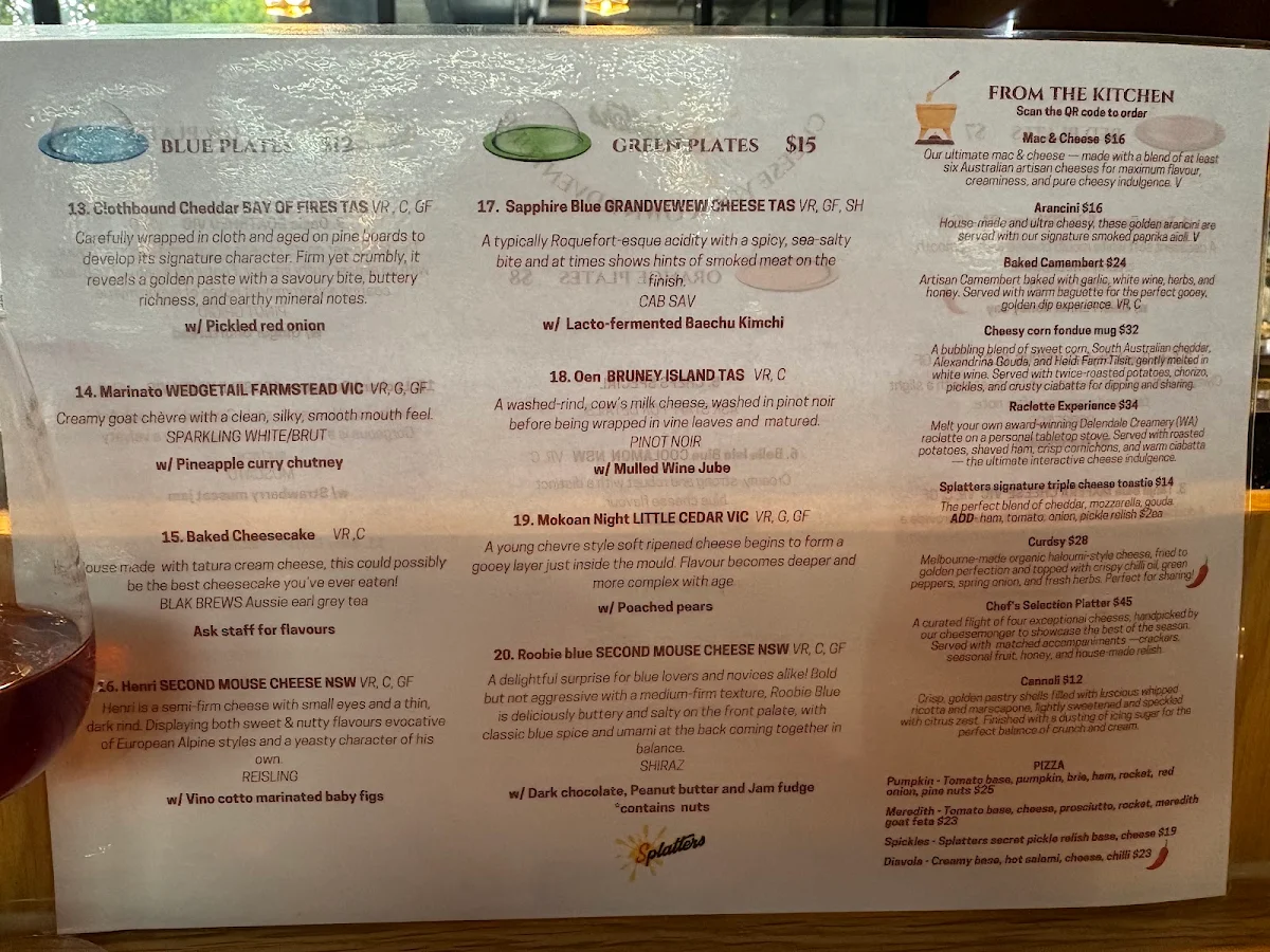 Menu, Splatters Cheese Bar West Melbourne