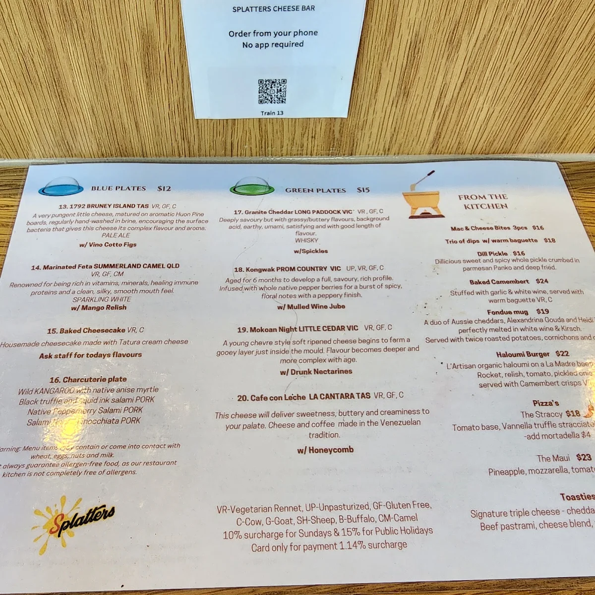 Menu, Splatters Cheese Bar West Melbourne