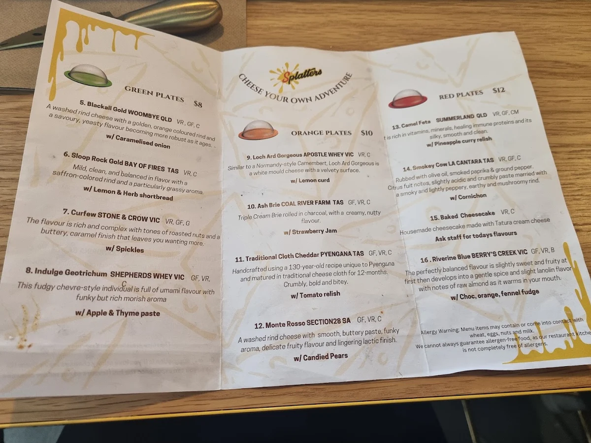 Menu, Splatters Cheese Bar West Melbourne