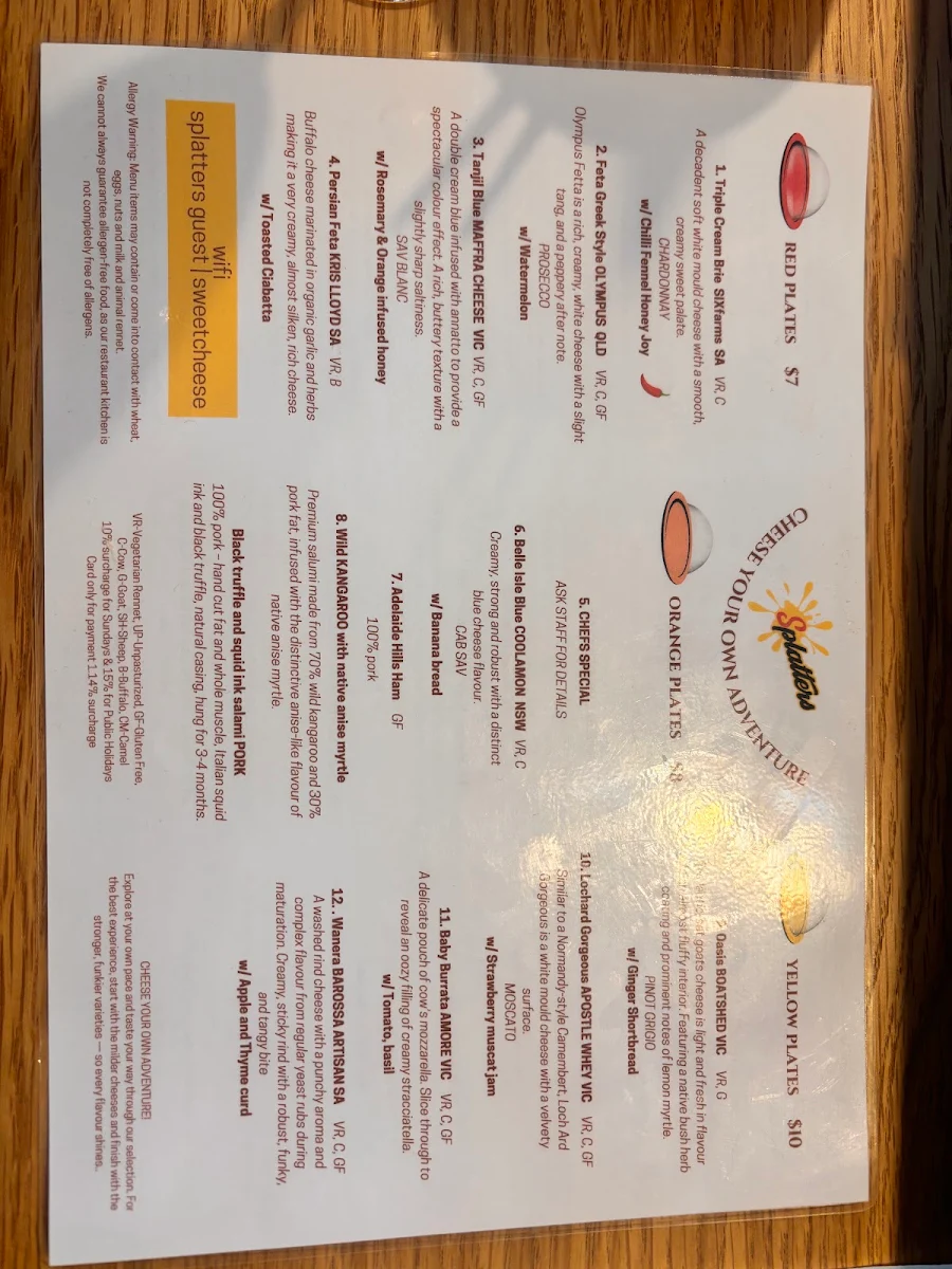 Menu, Splatters Cheese Bar West Melbourne