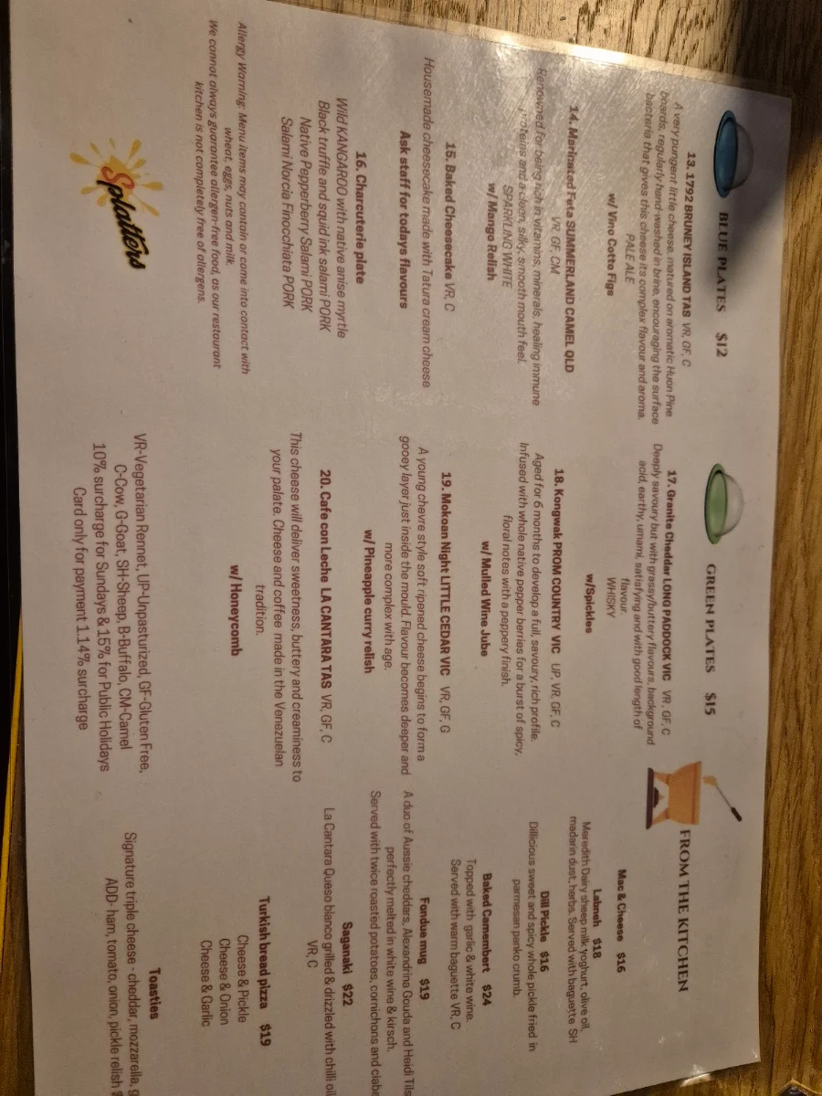 Menu, Splatters Cheese Bar West Melbourne