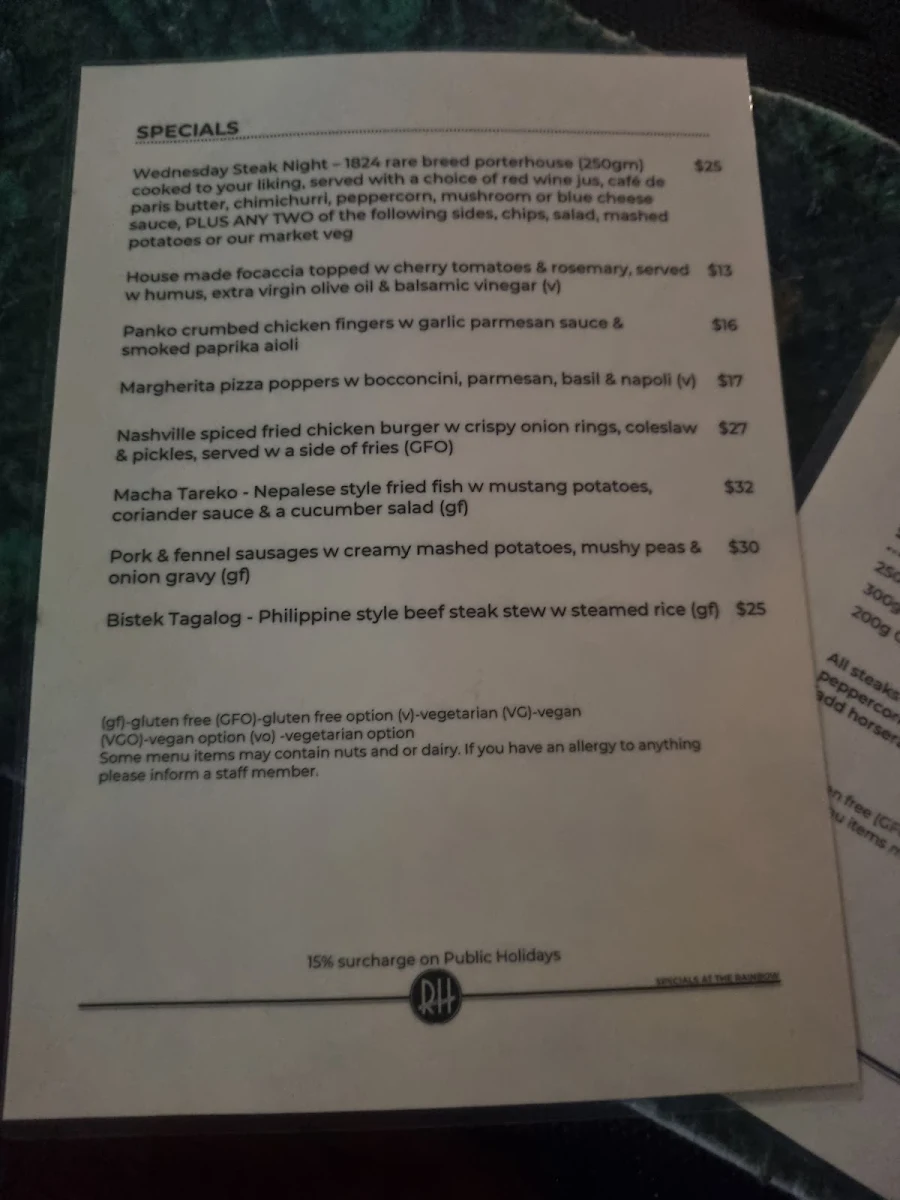 Menu, The Rainbow Hotel