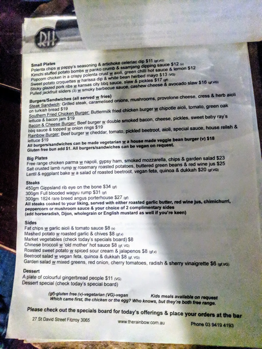 Menu, The Rainbow Hotel