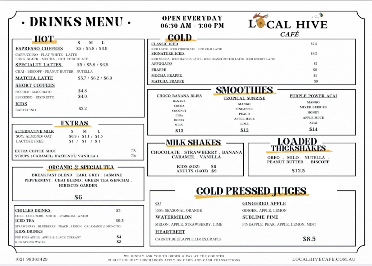 Menu, Local Hive Cafe