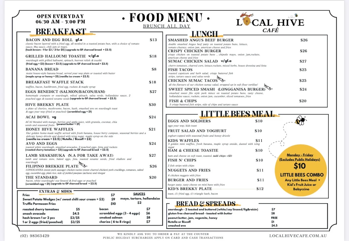 Menu, Local Hive Cafe